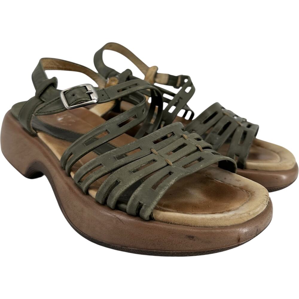 Vintage Dansko Lorelei Sandals Strappy Platform Heel Buckle Y2K Leather Green 6